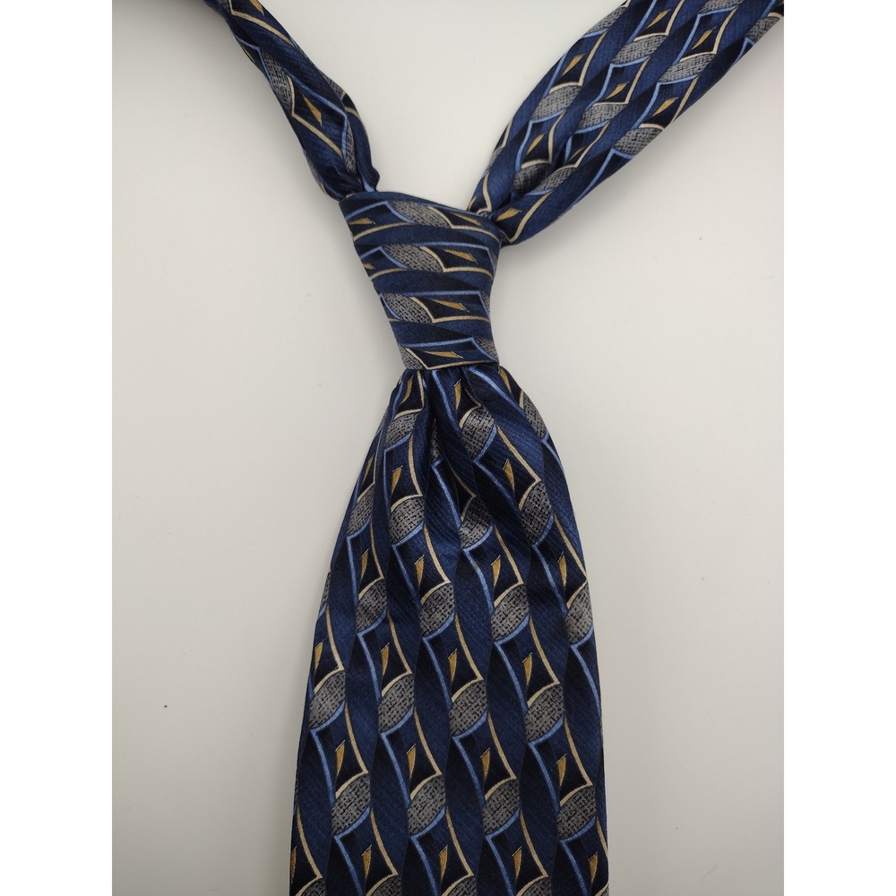 Covington Mens Silk Necktie Navy Blue Gold‎ Silver Geometric Pattern Hand Made